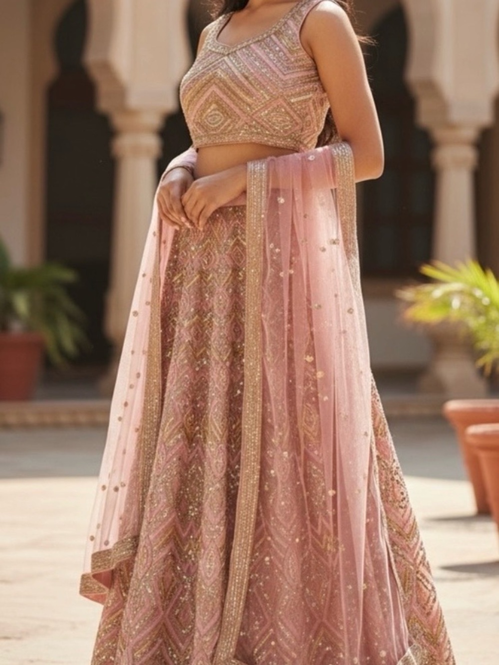 Embellished Pink Lehenga Set with Dupatta